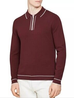 Reiss Lanark Piqué Tipped Collared Neck Quarter-Zip Polo Sweater In Maroon M